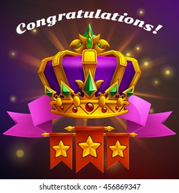 Receiving the cartoon achievement game screen. Vector illustration with golden crown.