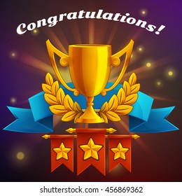 Receiving the cartoon achievement game screen. Vector illustration with golden cup.