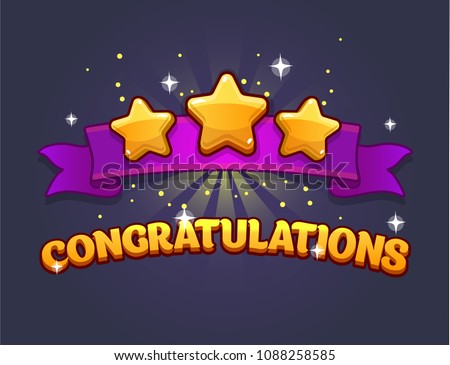 Receiving the cartoon achievement game screen. Vector illustration with golden stars. Graphical user interface GUI to build 2D games. Casual Game. Can be used in mobile or web game. Isolated.