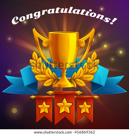 Receiving the cartoon achievement game screen. Vector illustration with golden cup.