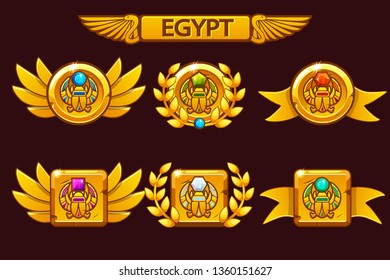 Receiving the cartoon game achievement. Egyptian awards with scarab symbol. For game, user interface, banner, application, interface, slots, game development.