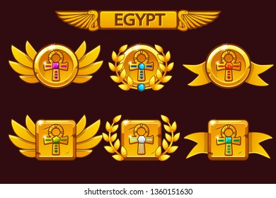 Receiving the cartoon game achievement. Egyptian awards with Golden Cross Ankh symbol. For game, user interface, banner, application, interface, slots, game development.