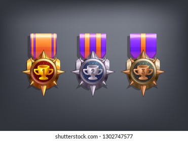 Erhalten Sie die Cartoon-Spiel-Leistung. Vektorgrafik mit Golden, Silber und Bronze Award.