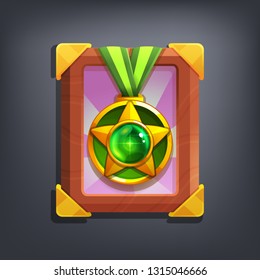 Receiving the cartoon game achievement. Vector illustration with golden award.