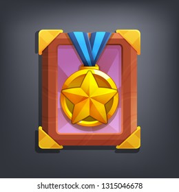 Recibiendo el logro del juego de caricaturas. Ilustración vectorial con premio dorado.