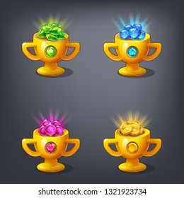 Receiving the cartoon game achievements. Set of golden award cup - vector illustration.