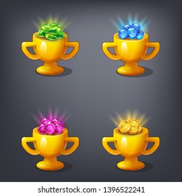 Receiving the cartoon game achievements. Set of golden award cup - vector illustration.