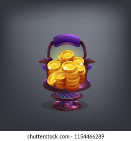 Receiving the cartoon gold coins for game in magic lamp. Vector illustration.