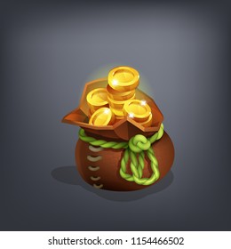 Receiving the cartoon gold coins for game in bag. Vector illustration.