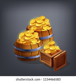 Receiving the cartoon gold coins for game in barrels and wooden box. Vector illustration.