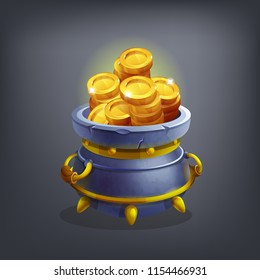 Receiving the cartoon gold coins for game in pot. Vector illustration.