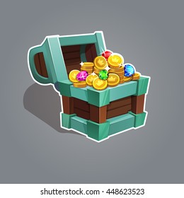 Receiving the cartoon treasure. Cartoon chest set with coin and rhinestone for game interface  Vector illustration.