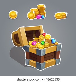 Den Cartoon-Schatz erhalten. Cartoon Brust Set mit Münze und Rhineston für die Spielschnittstelle Vektorgrafik.