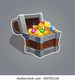 Receiving the cartoon treasure. Cartoon chest set with coin and rhinestone for game interface  Vector illustration.