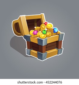 Receiving the cartoon treasure. Cartoon chest set with coin and rhinestone for game interface  Vector illustration.