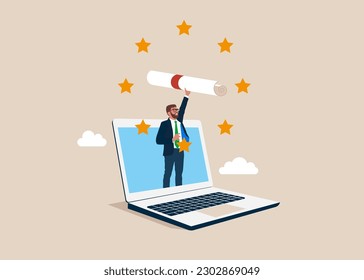 Receiving college or university diploma remotely. Businessman holding diploma graduation. Modern vector illustration in flat style