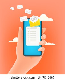 Receiving electronic mail via mobile phone. 3d style cute vector illustration