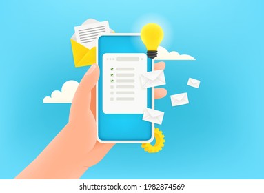 Receiving electronic mail via mobile phone. 3d style cute vector illustration
