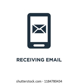 Receiving Email icon. Black filled vector illustration. Receiving Email symbol on white background. Can be used in web and mobile.