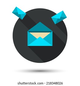 Receiving email. Icon mail. Long shadow. Blue envelope in black circle, design of flat style is isolated on white background
