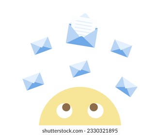 Receiving emails concept - emoticon looking up to all the envelopes falling. Receiving emails. Business, Marketing and advertising or spam concepts