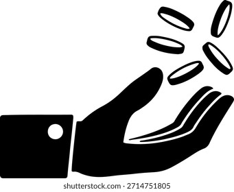 “hand receiving falling coins, flat minimal vector, black and white icon”