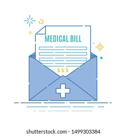 Receiving Huge Medical Bill For Treatment And Health Care Expenses. Invoice Sent By The Hospital. Envelope With A Payment Receipt Form For The Patient. Finance And Medical Concept. Vector Illustration