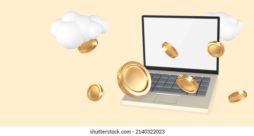 Receiving income using modern laptop. 3d realistic laptop with gold coins and clouds. Vector illustration.