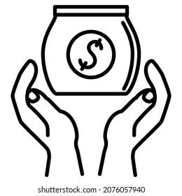 Receiving an inheritance, storing cash, keeping money safe. Hands and a coin with a dollar symbol in a glass jar. Vector icon, outline, isolated. Editable stroke.
