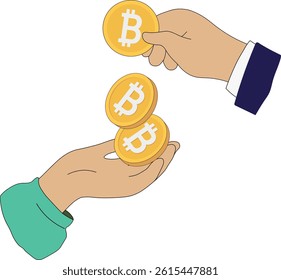 Receiving interest on a deposit, paying with cryptocurrency, handing over money. Vector illustration of a bitcoin coin, hands, digital money transaction