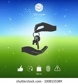 Receiving the key with keychain shaped like a house - icon.