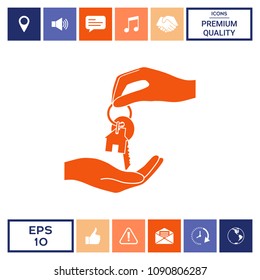 Receiving the key with keychain shaped like a house - icon.