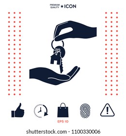 Receiving the key with keychain shaped like a house - icon.