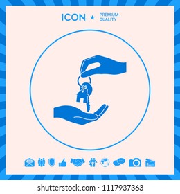 Receiving the key with keychain shaped like a house - icon.