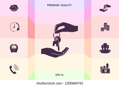 Receiving the key with keychain shaped like a house - icon.