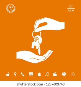 Receiving the key with keychain shaped like a house - icon. Graphic elements for your design