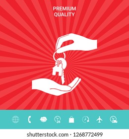 Receiving the key with keychain shaped like a house - icon. Graphic elements for your design
