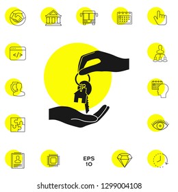 Receiving the key with keychain shaped like a house - icon. Graphic elements for your design
