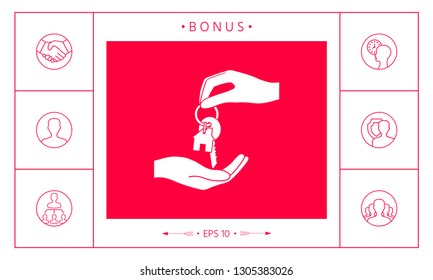 Receiving the key with keychain shaped like a house - icon. Graphic elements for your design