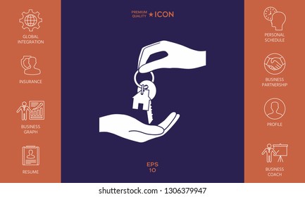 Receiving the key with keychain shaped like a house - icon. Graphic elements for your design