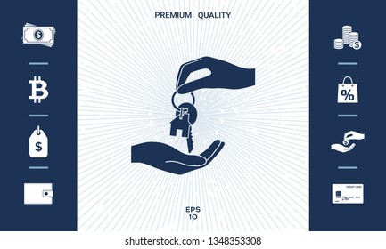 Receiving the key with keychain shaped like a house - icon. Graphic elements for your design
