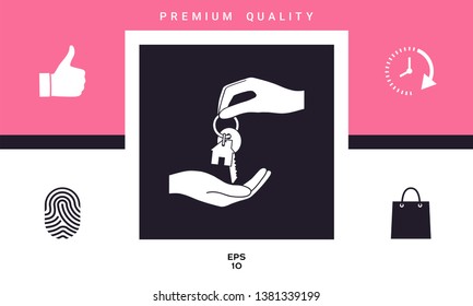 Receiving the key with keychain shaped like a house - icon. Graphic elements for your design