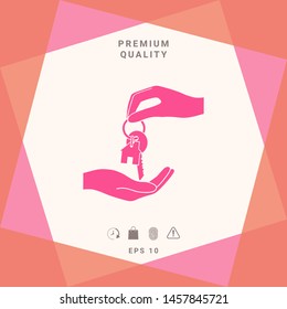 Receiving the key with keychain shaped like a house - icon. Graphic elements for your design