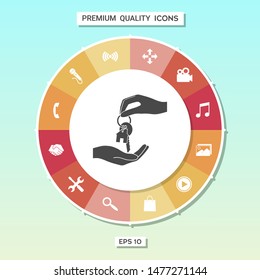 Receiving the key with keychain shaped like a house - icon. Graphic elements for your design