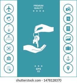 Receiving the key with keychain shaped like a house - icon. Graphic elements for your design