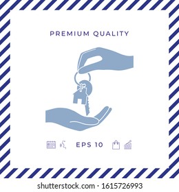 Receiving the key with keychain shaped like a house - icon. Graphic elements for your design