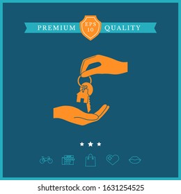 Receiving the key with keychain shaped like a house - icon. Graphic elements for your design
