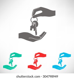Receiving the key with keychain shaped like a house - icon. Set of varicolored icons.