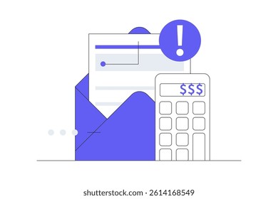 Receiving letter with overdue bill from collection agency. Account and calculator. Having financial problems, debts and loans. Flat Cartoon Vector Illustration, icon. Stylish abstract design landing 