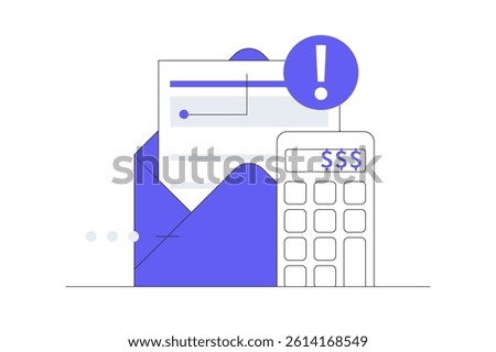 Receiving letter with overdue bill from collection agency. Account and calculator. Having financial problems, debts and loans. Flat Cartoon Vector Illustration, icon. Stylish abstract design landing 